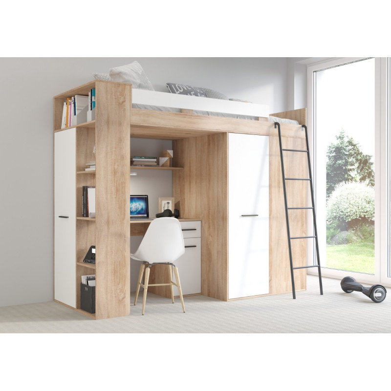 Łóżko piętrowe Verana P z biurkiem i szafą Sonoma jasna/Biały