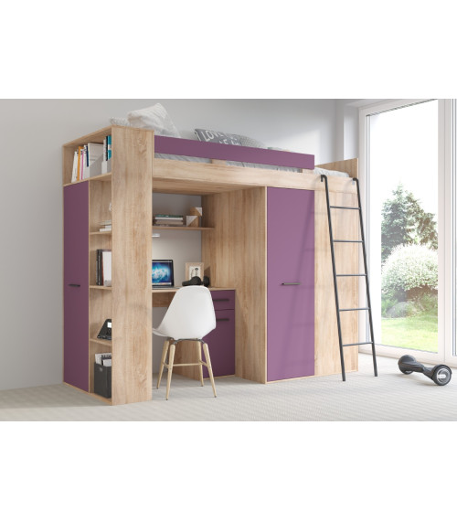 Łóżko piętrowe Verana P z biurkiem i szafą Sonoma jasna/Fiolet