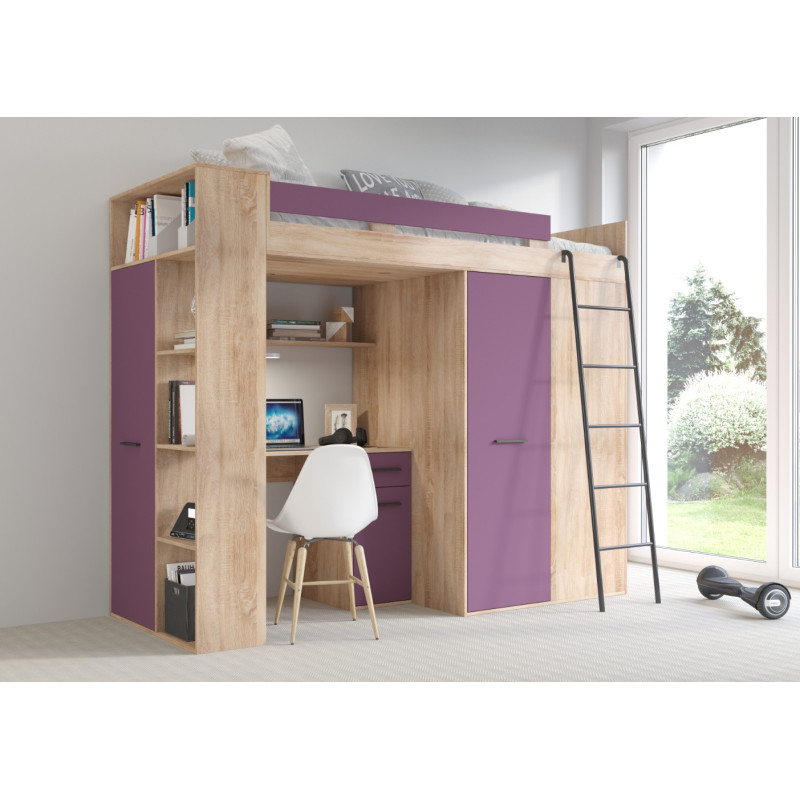 Łóżko piętrowe Verana P z biurkiem i szafą Sonoma jasna/Fiolet