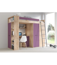 Łóżko piętrowe Verana P z biurkiem i szafą Sonoma jasna/Fiolet