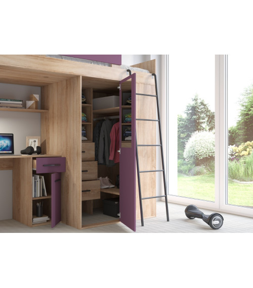 Łóżko piętrowe Verana P z biurkiem i szafą Sonoma jasna/Fiolet