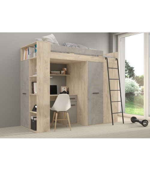 Łóżko piętrowe Verana P z biurkiem i szafą Dąb Endgrain/Beton szary