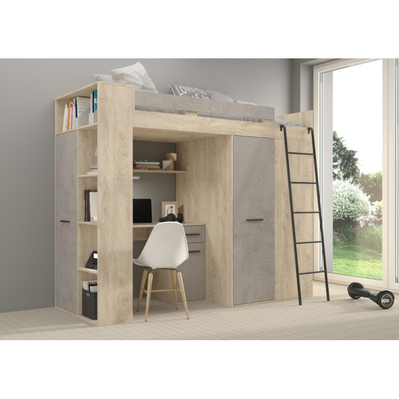 Łóżko piętrowe Verana P z biurkiem i szafą Dąb Endgrain/Beton szary