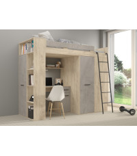 Łóżko piętrowe Verana P z biurkiem i szafą Dąb Endgrain/Beton szary