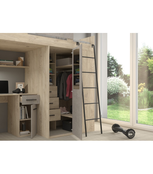 Łóżko piętrowe Verana P z biurkiem i szafą Dąb Endgrain/Beton szary