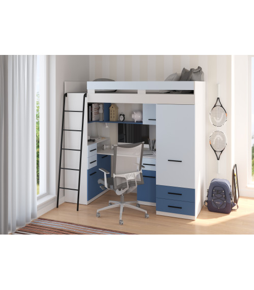 Łóżko piętrowe Smyk L z biurkiem i szafą Biały/Błękit/Niebieski