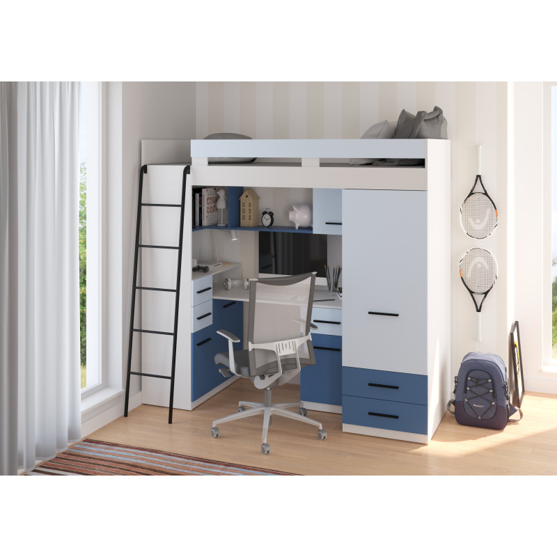 Łóżko piętrowe Smyk L z biurkiem i szafą Biały/Błękit/Niebieski