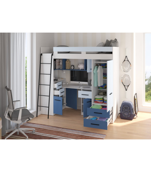 Łóżko piętrowe Smyk L z biurkiem i szafą Biały/Błękit/Niebieski