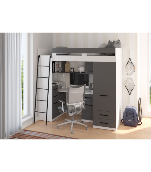 Łóżko piętrowe Smyk L z biurkiem i szafą Biały/Grafit