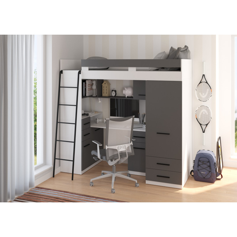 Łóżko piętrowe Smyk L z biurkiem i szafą Biały/Grafit