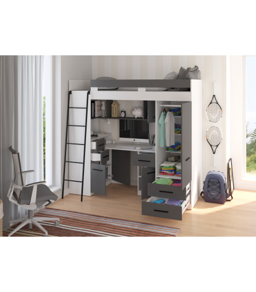 Łóżko piętrowe Smyk L z biurkiem i szafą Biały/Grafit