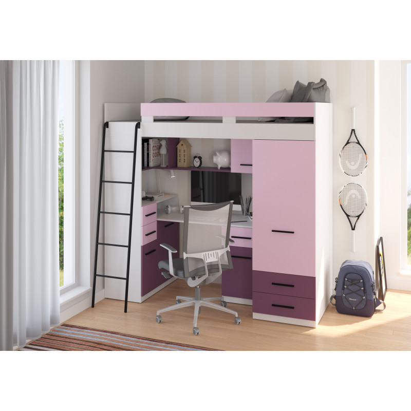 Łóżko piętrowe Smyk L z biurkiem i szafą Biały/Lawenda/Fiolet