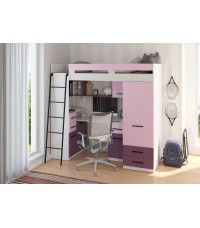 Łóżko piętrowe Smyk L z biurkiem i szafą Biały/Lawenda/Fiolet