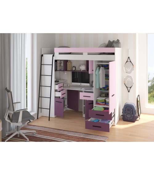 Łóżko piętrowe Smyk L z biurkiem i szafą Biały/Lawenda/Fiolet