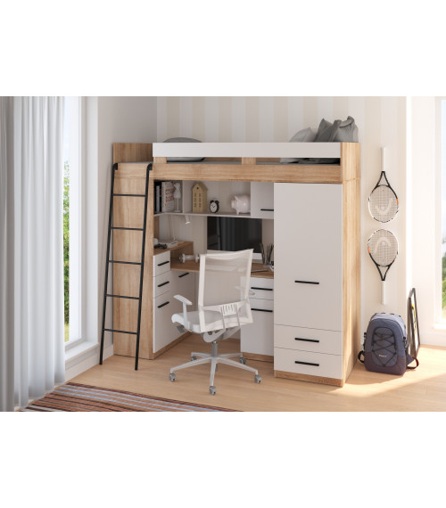 Łóżko piętrowe Smyk L z biurkiem i szafą Sonoma jasna/Biały