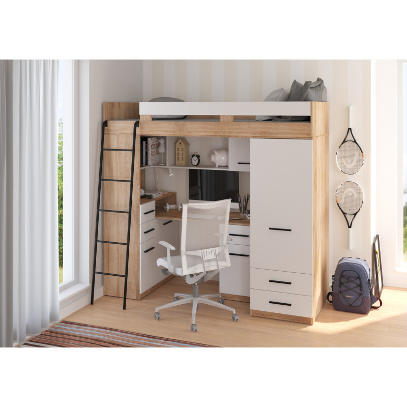 Łóżko piętrowe Smyk L z biurkiem i szafą Sonoma jasna/Biały
