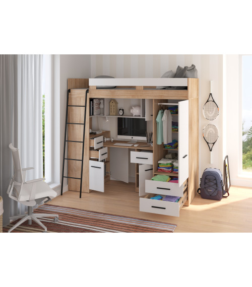 Łóżko piętrowe Smyk L z biurkiem i szafą Sonoma jasna/Biały