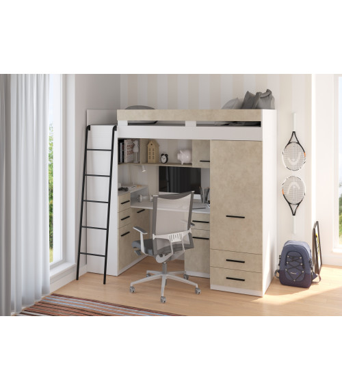 Łóżko piętrowe Smyk L z biurkiem i szafą Biały/Granada migdał