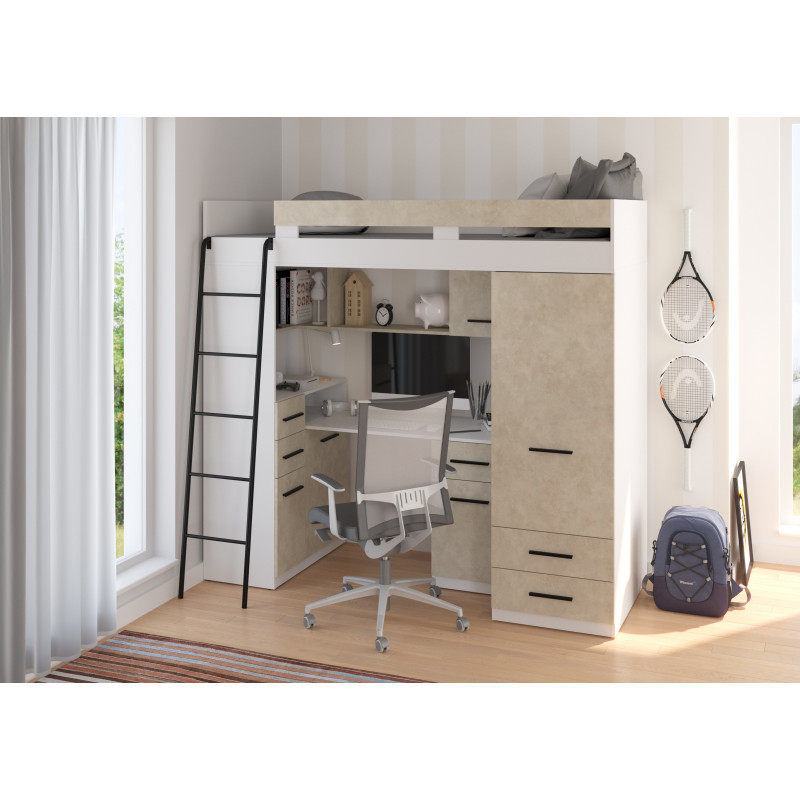 Łóżko piętrowe Smyk L z biurkiem i szafą Biały/Granada migdał