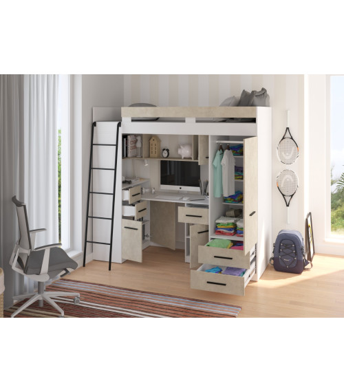 Łóżko piętrowe Smyk L z biurkiem i szafą Biały/Granada migdał