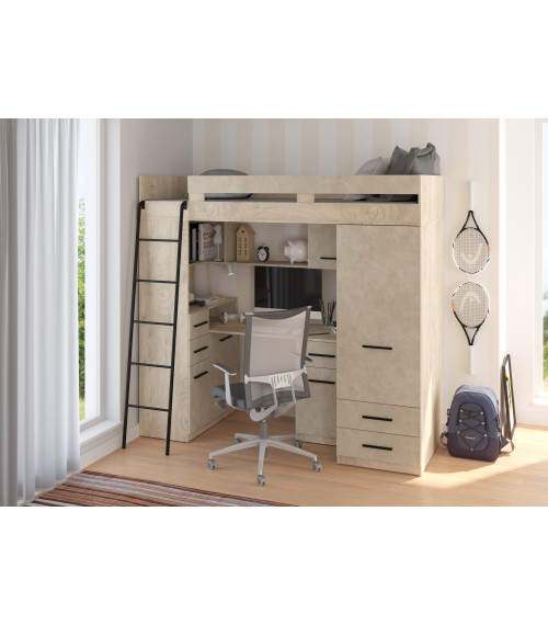Łóżko piętrowe Smyk L z biurkiem i szafą Dąb Endgrain/Granada migdał
