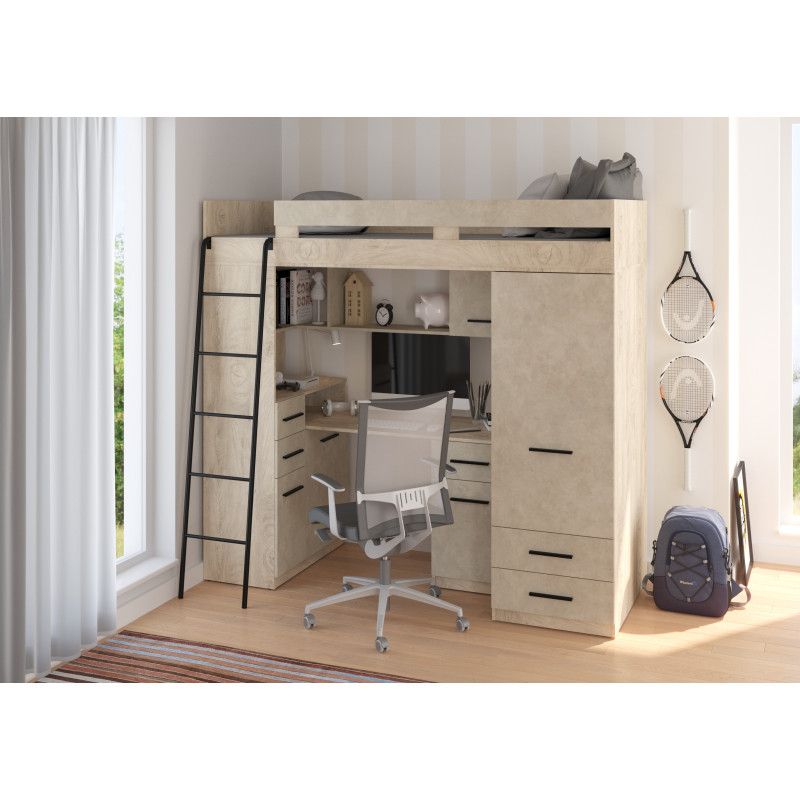 Łóżko piętrowe Smyk L z biurkiem i szafą Dąb Endgrain/Granada migdał