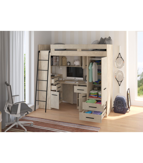 Łóżko piętrowe Smyk L z biurkiem i szafą Dąb Endgrain/Granada migdał