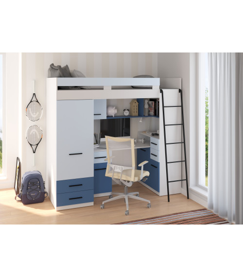 Łóżko piętrowe Smyk P z biurkiem i szafą Biały/Błękit/Niebieski