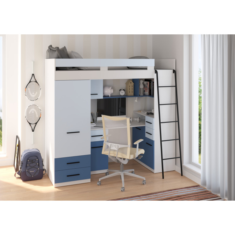 Łóżko piętrowe Smyk P z biurkiem i szafą Biały/Błękit/Niebieski