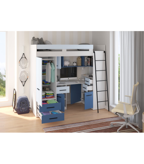 Łóżko piętrowe Smyk P z biurkiem i szafą Biały/Błękit/Niebieski