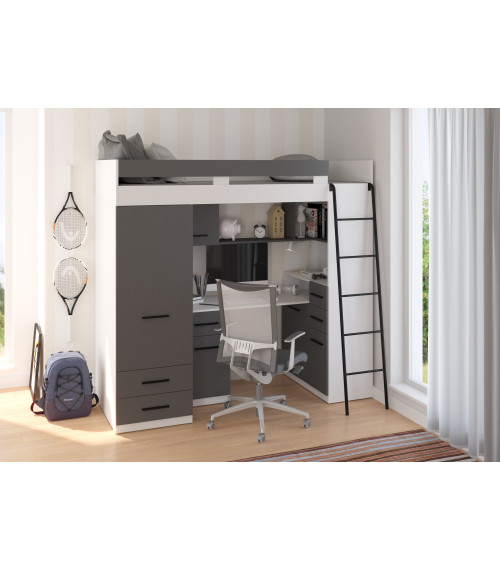 Łóżko piętrowe Smyk P z biurkiem i szafą Biały/Grafit