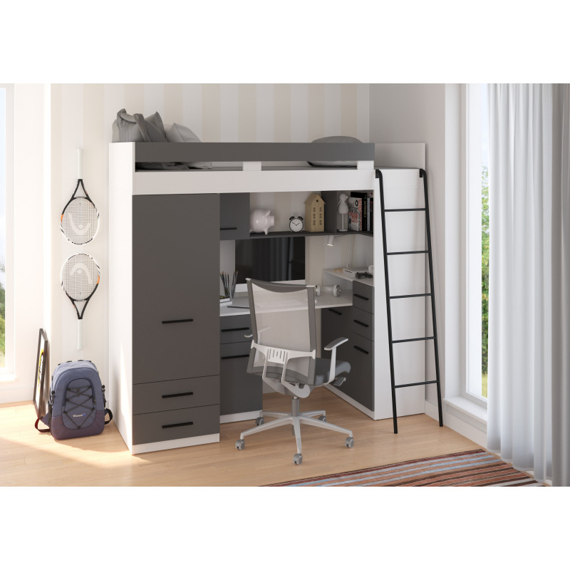 Łóżko piętrowe Smyk P z biurkiem i szafą Biały/Grafit
