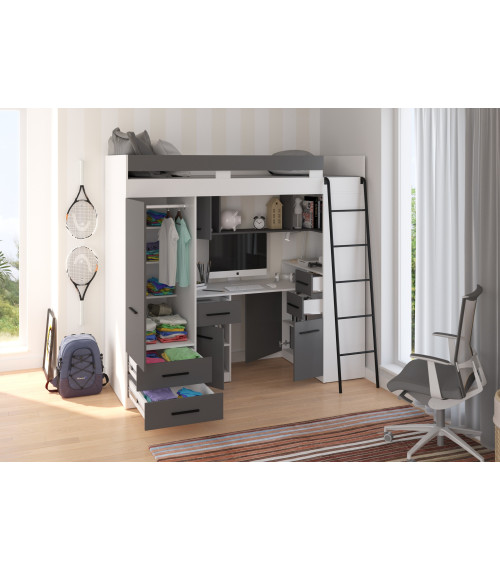 Łóżko piętrowe Smyk P z biurkiem i szafą Biały/Grafit