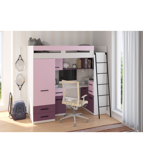 Łóżko piętrowe Smyk P z biurkiem i szafą Biały/Lawenda/Fiolet