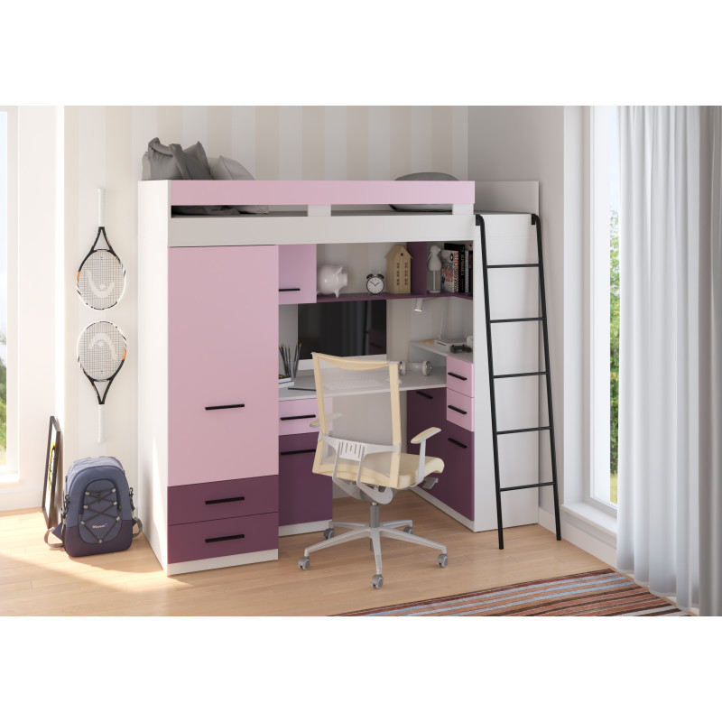 Łóżko piętrowe Smyk P z biurkiem i szafą Biały/Lawenda/Fiolet