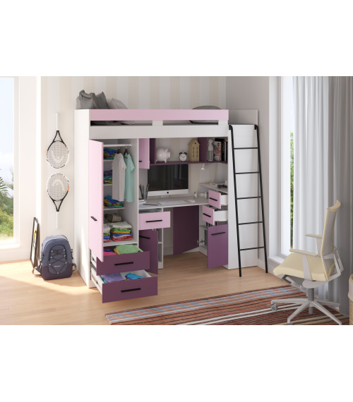 Łóżko piętrowe Smyk P z biurkiem i szafą Biały/Lawenda/Fiolet