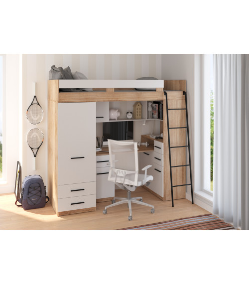 Łóżko piętrowe Smyk P z biurkiem i szafą Sonoma jasna/Biały