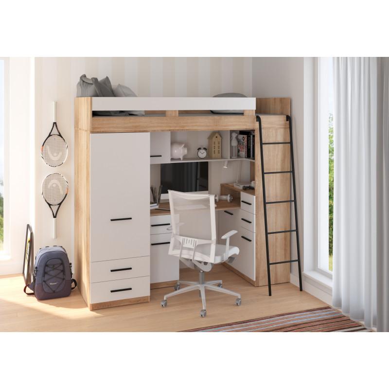 Łóżko piętrowe Smyk P z biurkiem i szafą Sonoma jasna/Biały
