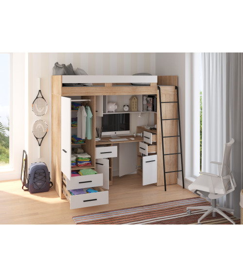 Łóżko piętrowe Smyk P z biurkiem i szafą Sonoma jasna/Biały
