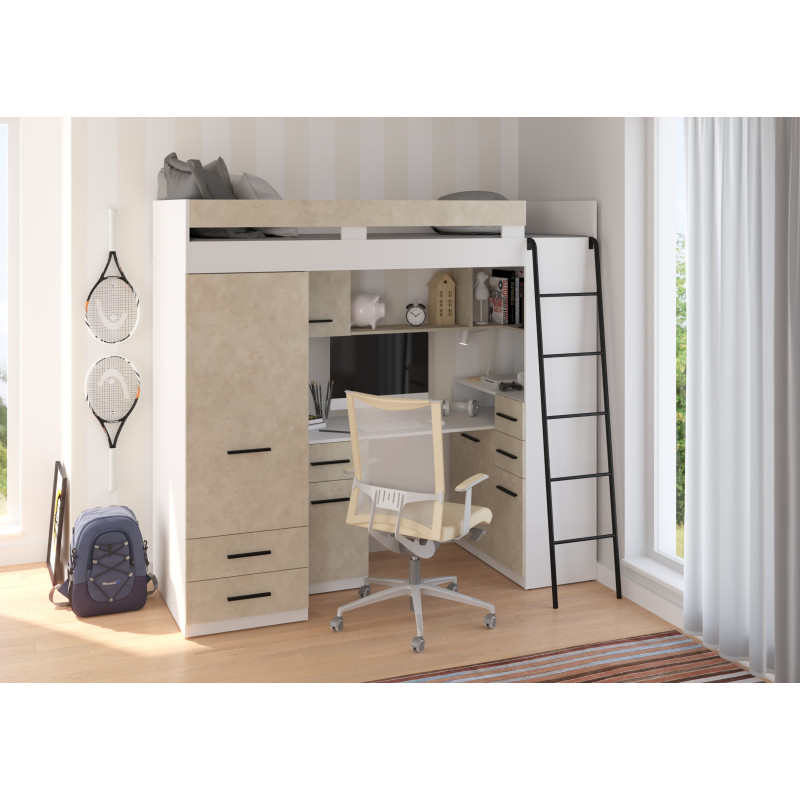 Łóżko piętrowe Smyk P z biurkiem i szafą Biały/Granada migdał