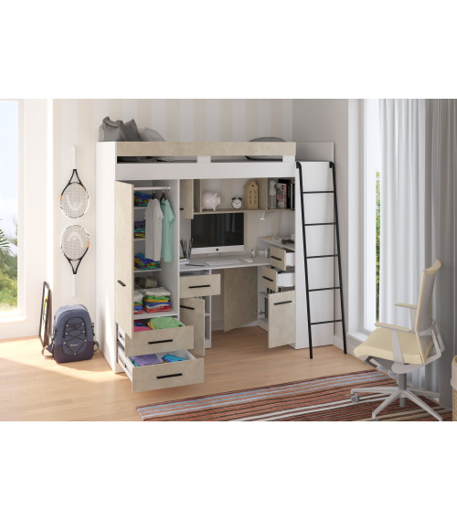 Łóżko piętrowe Smyk P z biurkiem i szafą Biały/Granada migdał