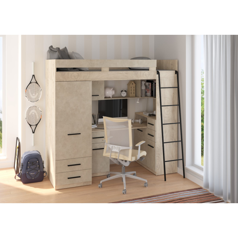 Łóżko piętrowe Smyk P z biurkiem i szafą Dąb Endgrain/Granada migdał