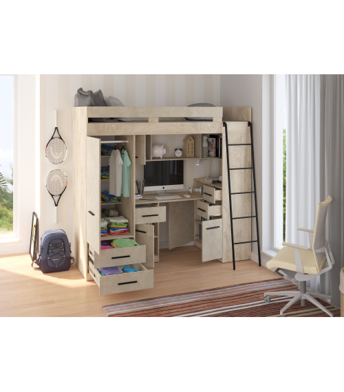 Łóżko piętrowe Smyk P z biurkiem i szafą Dąb Endgrain/Granada migdał