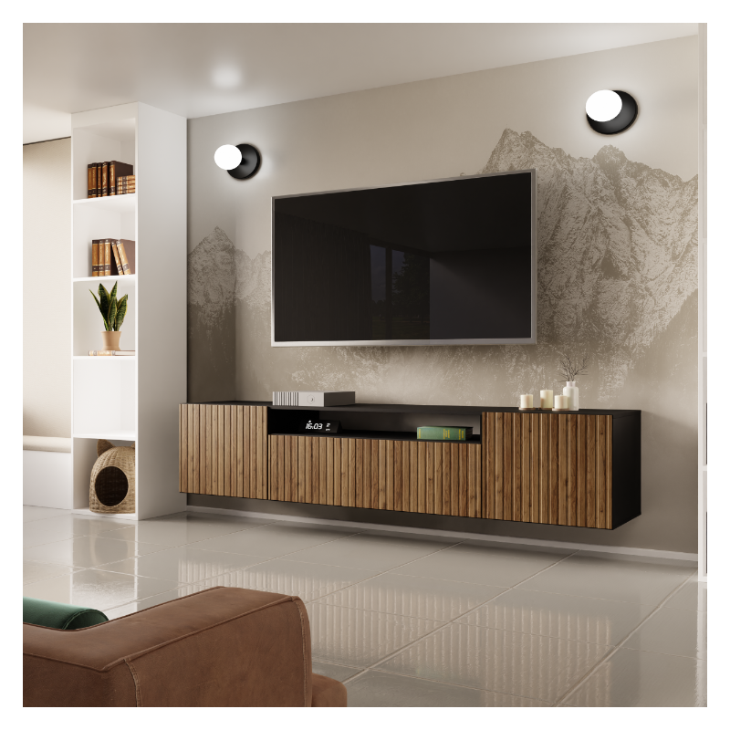 Szafka RTV Mio wisząca - Czarny/Dąb Catania