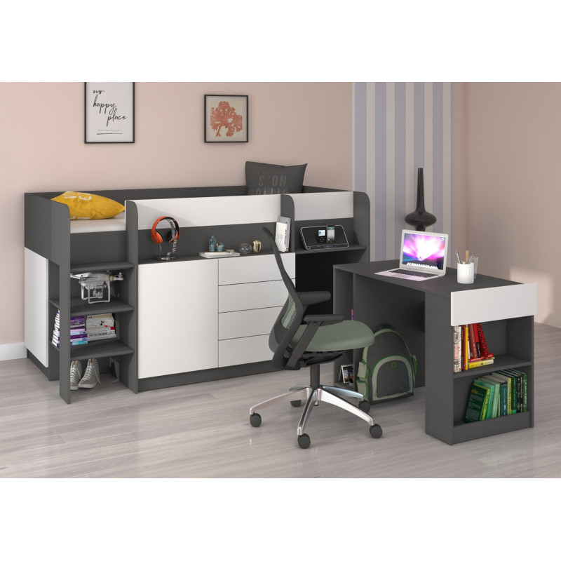 Łóżko piętrowe z biurkiem Smile lewe Grafit/Biały