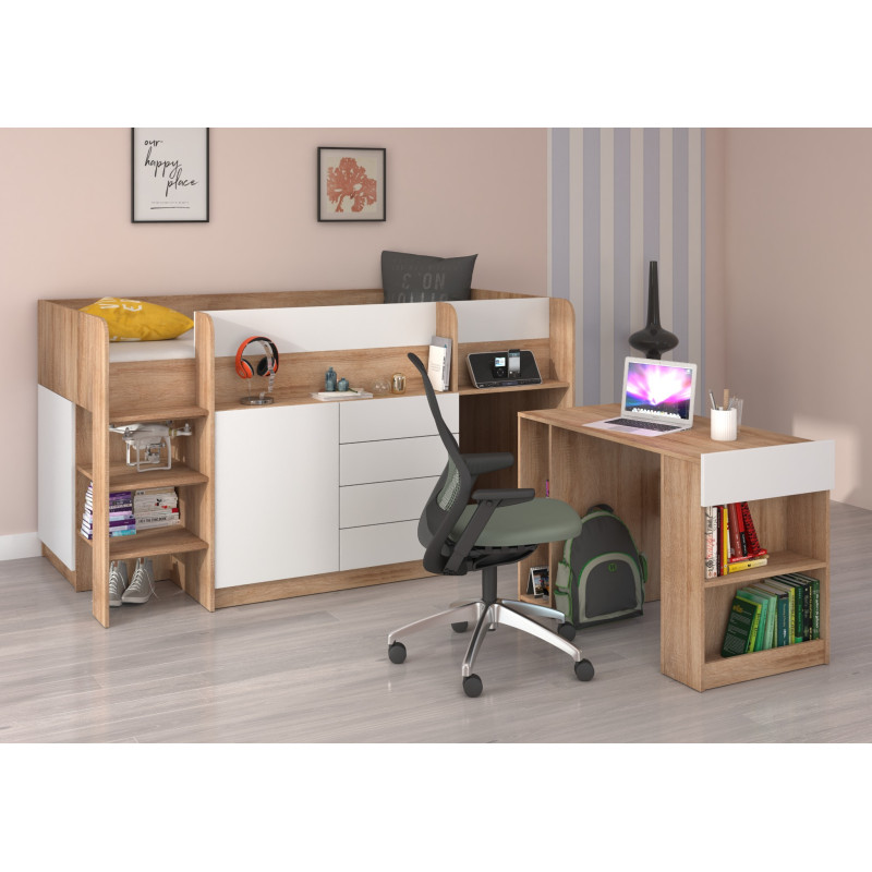 Łóżko piętrowe z biurkiem Smile lewe Sonoma jasna/Biały