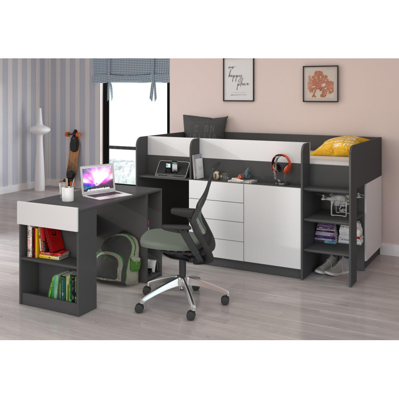 Łóżko piętrowe z biurkiem Smile prawe Grafit/Biały